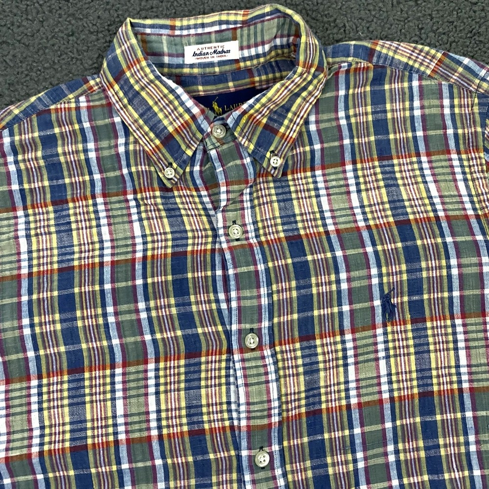 Ralph Lauren Shirt Mens Medium Multicolor Madras Plaid Short Sleeve Pony Preppy
